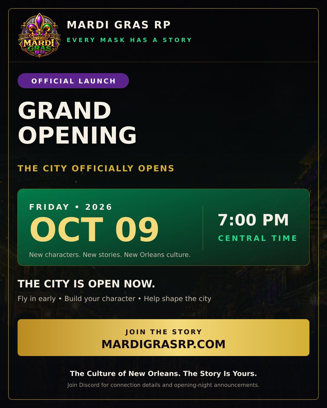 Mardi Gras RP Grand Opening, Friday October 9, 2026 at 7 PM Central