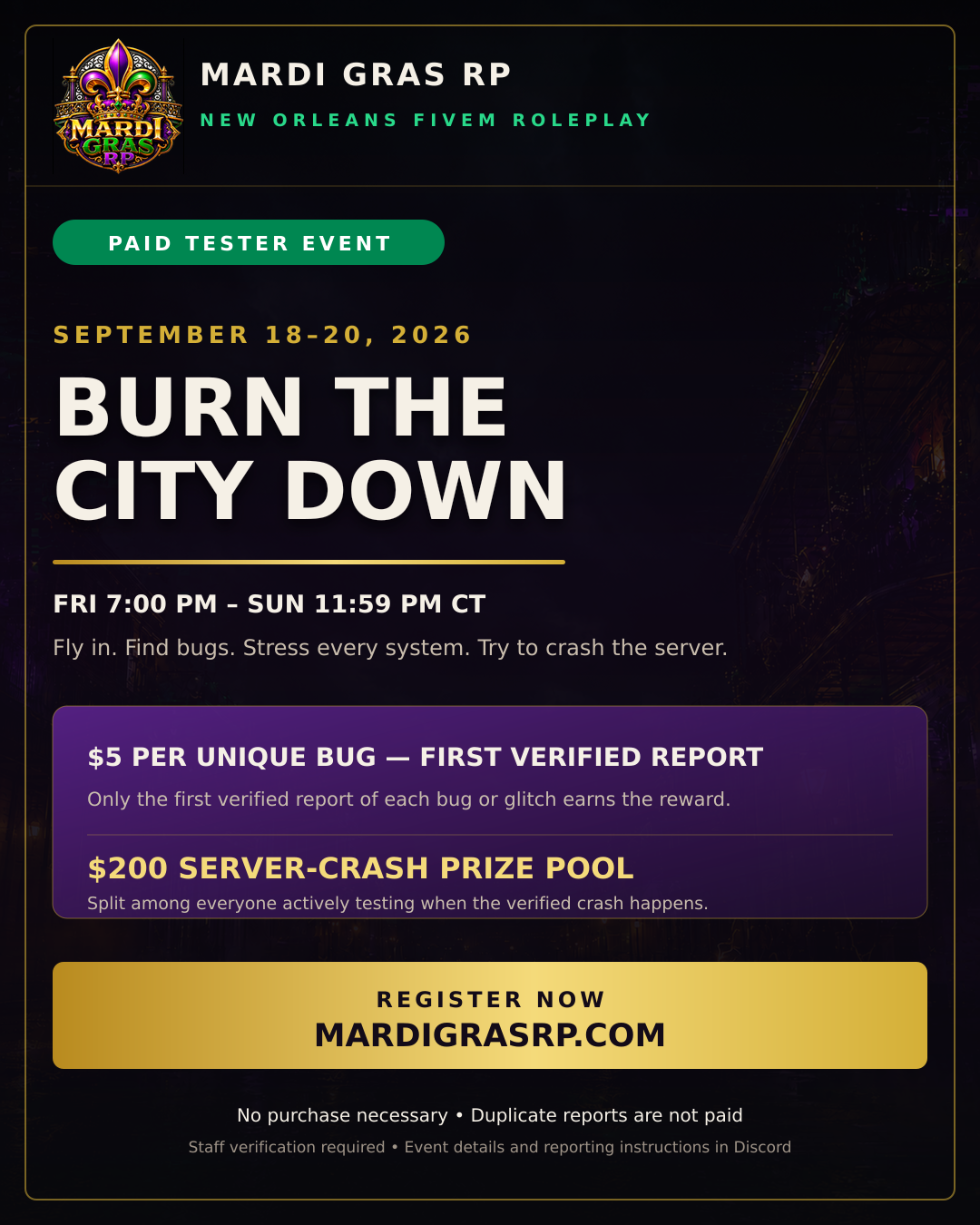 Mardi Gras RP paid Tester Event, September 18 through 20, 2026