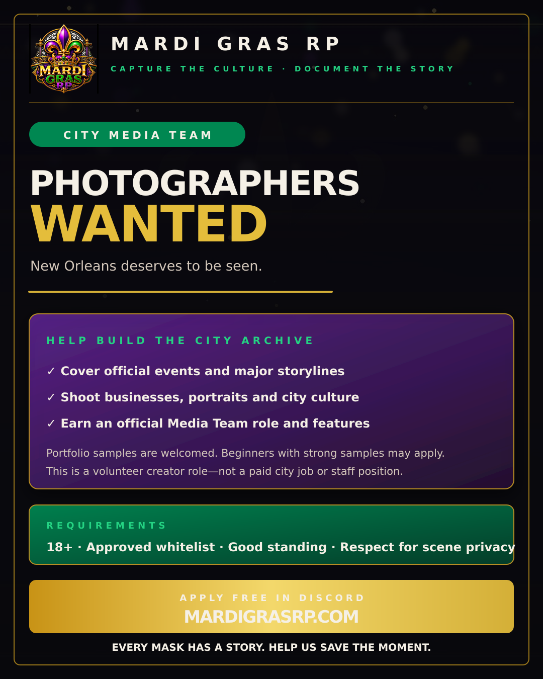 City Media Team flyer for Mardi Gras RP
