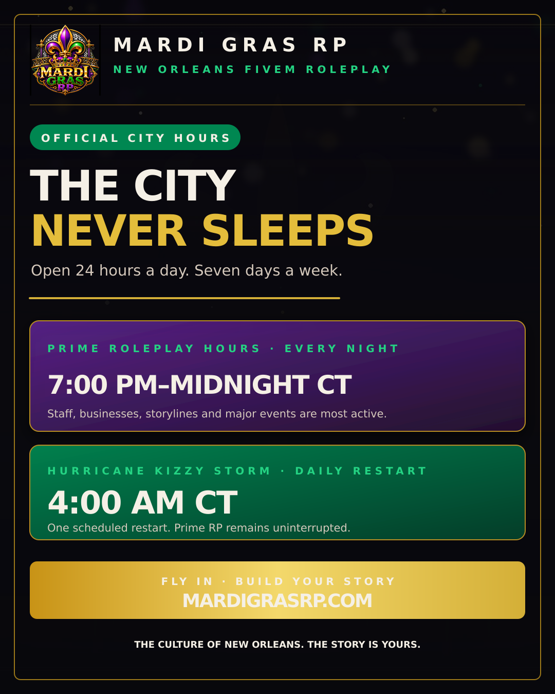 City Hours & Storm Schedule flyer for Mardi Gras RP