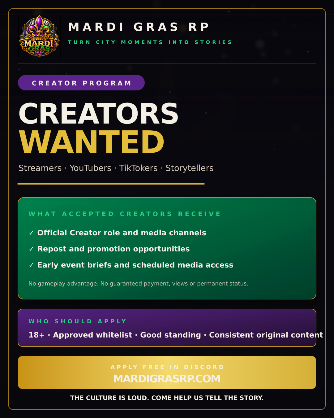 Creator Program flyer for Mardi Gras RP