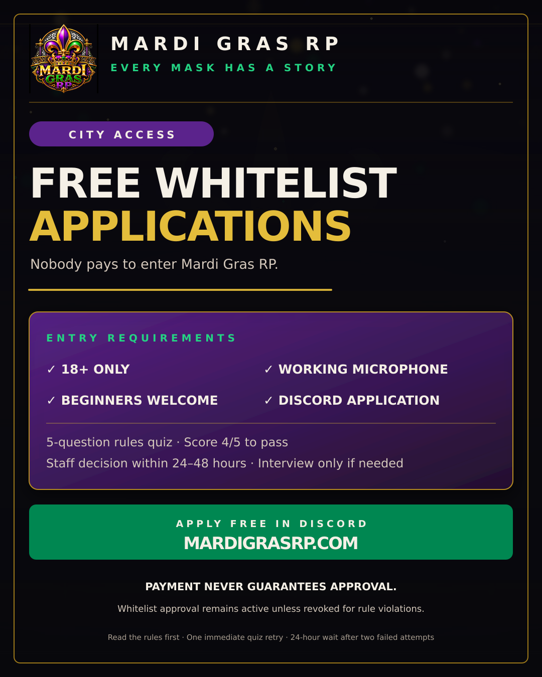 Free Whitelist Applications flyer for Mardi Gras RP