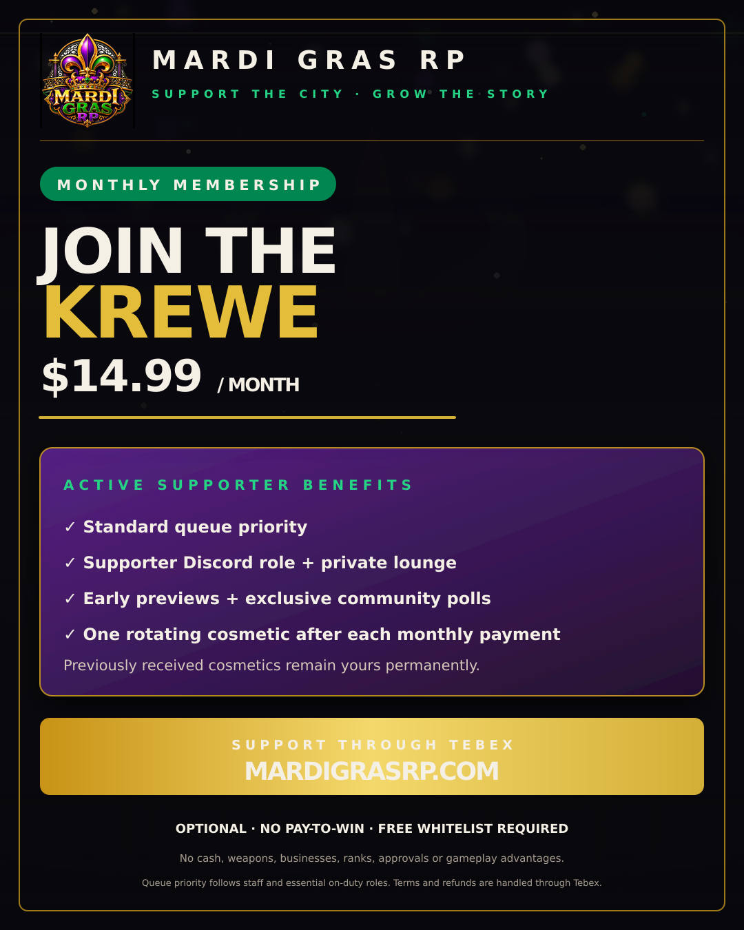 Krewe Supporter flyer for Mardi Gras RP